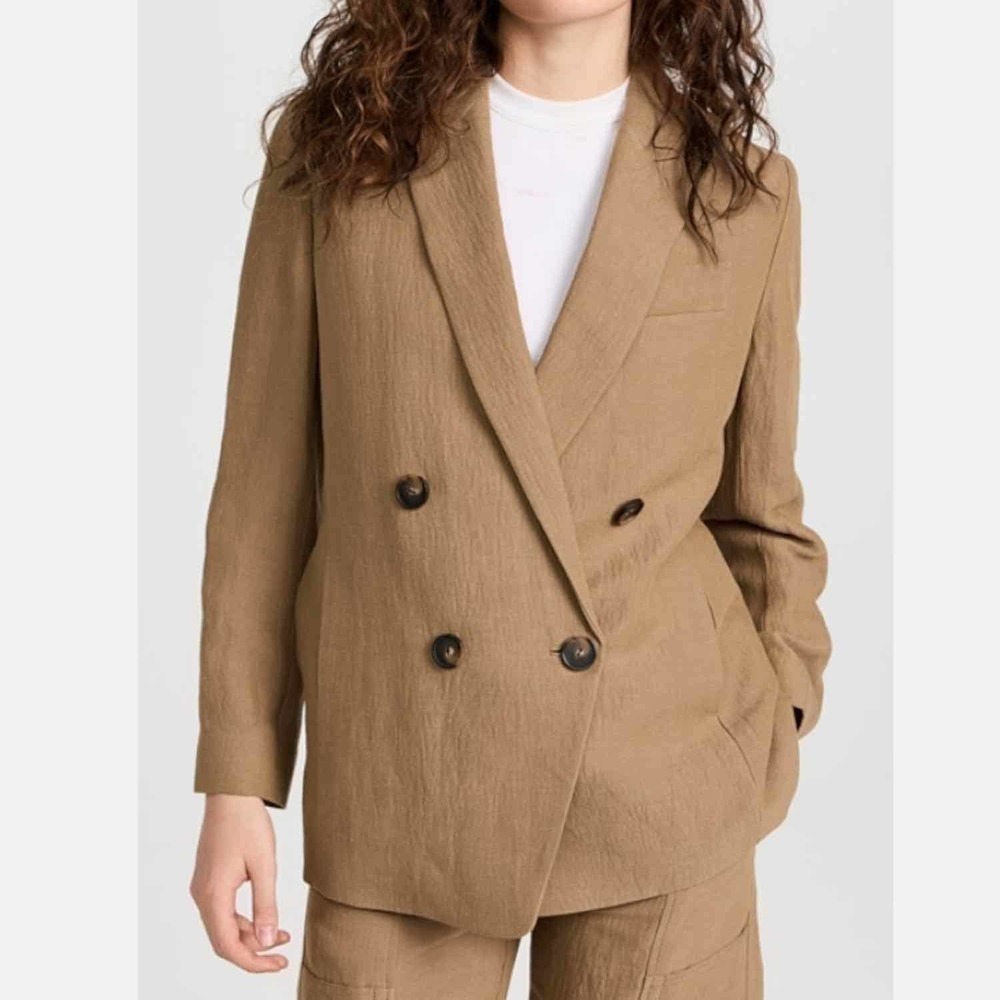 Vince Double Breasted Linen Blend Blazer Size 14 Tobacco